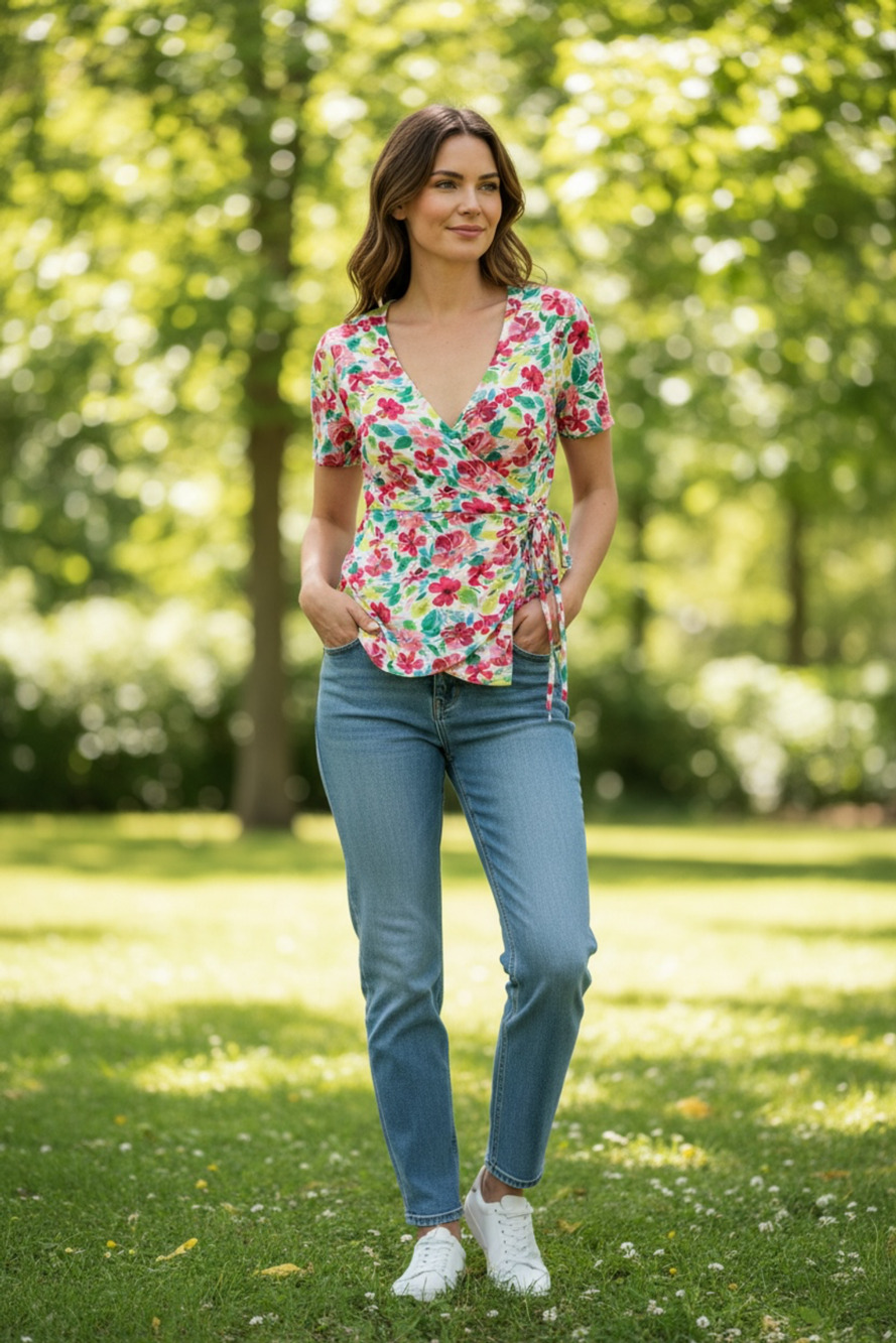 NWT SKIES ARE BLUE Curvy Lori White with Floral Blouse Wrap Top